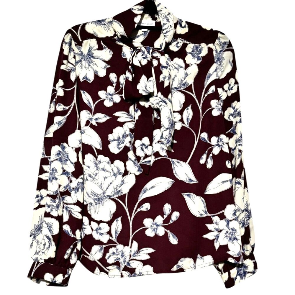 Gemma & Jane Burgundy Floral Long Sleeve Tie Neck Blouse Work Wear Librarian